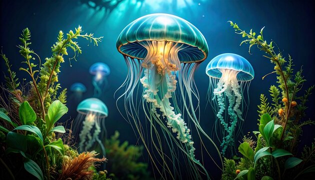 Elegant jellyfish swimming amidst seaweed in surreal tattoo style artwork design