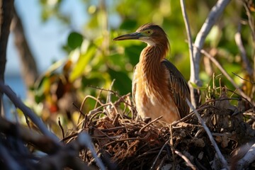 Striated heron resting in its nest during a sunny day, surrounded by green vegetation and dry branches