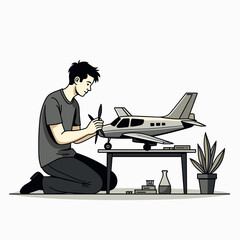 Man Assembling a Model Airplane Kit on a Table, Hobbies and Leisure Cartoon Style Illustration