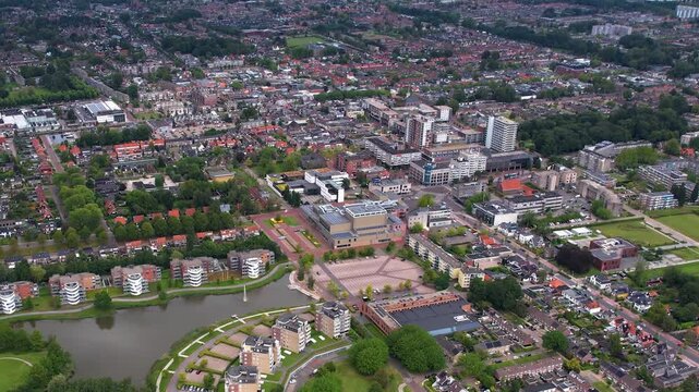 An panoramic Aerial view of the old town of the city Drachten in the Netherlands on a cloudy morning in summer