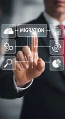A business professional uses a digital interface showing migration to illustrate cloud computing, database transfers, and system upgrades in business.