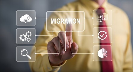 Man is selecting the Migration process on virtual screen, representing system upgrade, cloud technology, or data transfer to improve efficiency.