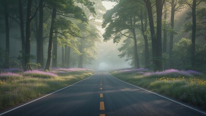 Fototapeta premium A road through a mystical forest, where sunlight pierces through the trees, creating a beautiful atmosphere.