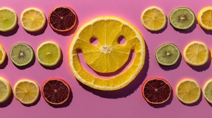 Smiley face and citrus fruit slices on vivid pink background