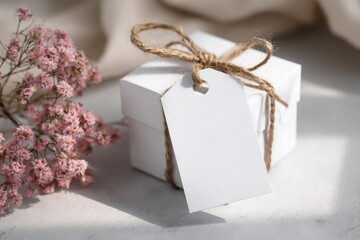 Wedding favor tag mockup elegant gift box with a blank tag and delicate flowers for special occasions.