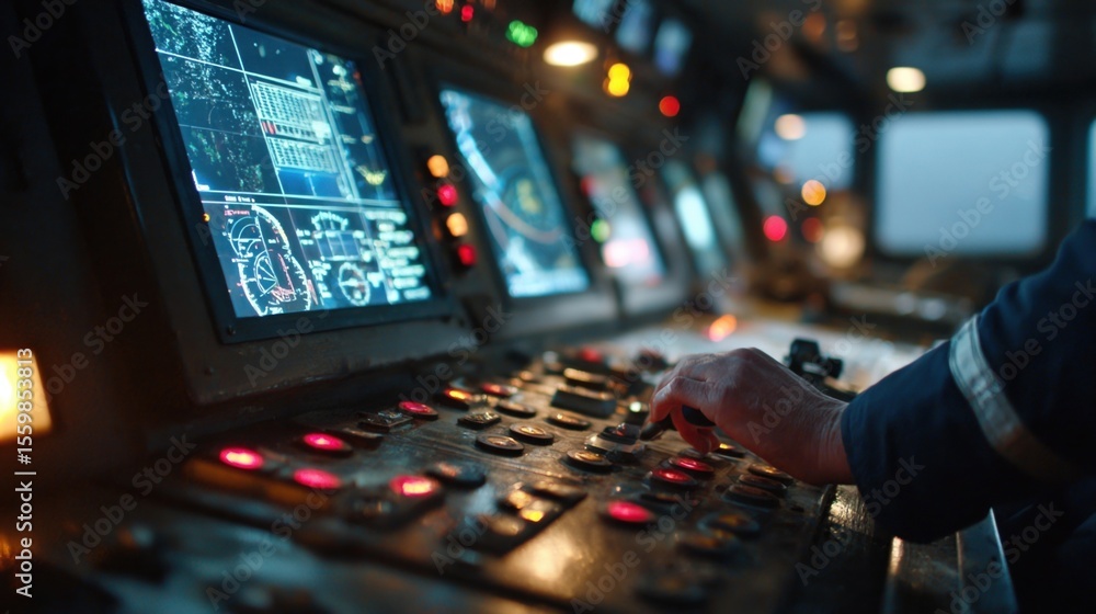 Poster closeup view of a fire suppression control panel on the ship featuring illuminated buttons and scree