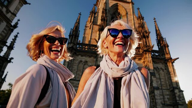 Two mature female tourists wearing sunglasses and scarves are enjoying their vacation in dresden, germany, laughing together in front of the frauenkirche cathedral at sunset