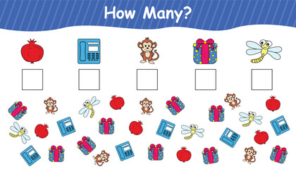 How many. count all object and write the number into box. math game for kids. counting game with cute objects. vector illustration 3