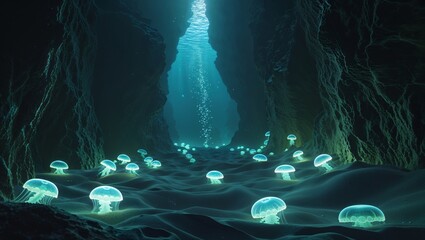 Explore a magical underwater cave illuminated by glowing jellyfish.