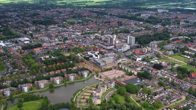 An panoramic Aerial view of the old town of the city Drachten in the Netherlands on a cloudy morning in summer