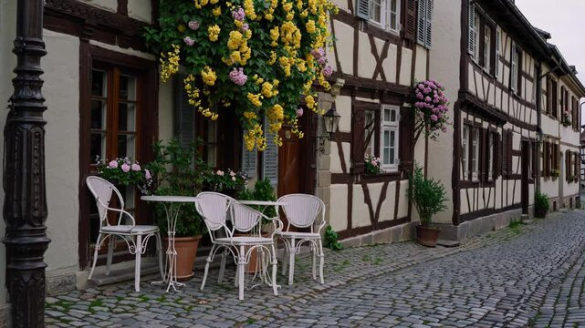 Yellow and pink flowers decorate a picturesque street in a european village, with white chairs and a table invitingly placed outside a half timbered house, adding to the tranquil atmosphere