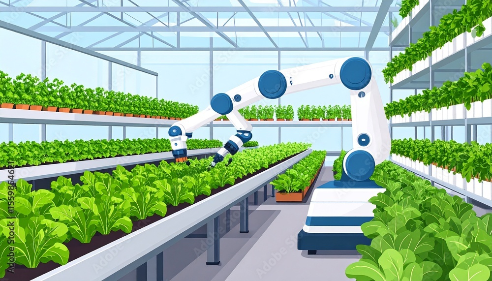 Poster high-tech robot working in a greenhouse for fresh herbs in a controlled environment