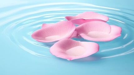 Serene Pink Rose Petals Floating on Tranquil Blue Water Surface