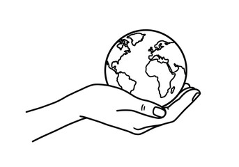 Hand holding earth drawing. It is a black and white outline image of a hand holding the Earth, symbolizing environmental protection, global care, and responsibility. Vector sketch line art draw.