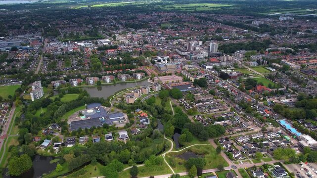 An panoramic Aerial view of the old town of the city Drachten in the Netherlands on a cloudy morning in summer