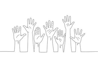 Obraz premium Hand up drawing. It is a black and white outline image of multiple hands raised up, symbolizing participation, questions, or a call for attention. Vector sketch line art draw.