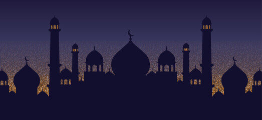 Silhouette of an Islamic skyline at night, with domes and minarets. Vector illustration.