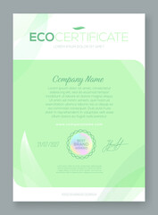 Eco certificate template with floral and nature elements. Eco friendly awards. Design can be used for diploma, invitation, coupon, gift voucher. Vector illustration.