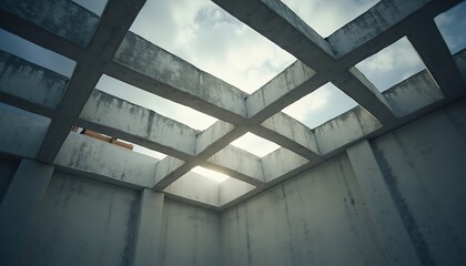 Fototapeta premium Concrete open ceiling structure under cloudy sky with geometric beams