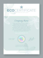 Eco certificate template with floral and nature elements. Eco friendly awards. Design can be used for diploma, invitation, coupon, gift voucher. Vector illustration.