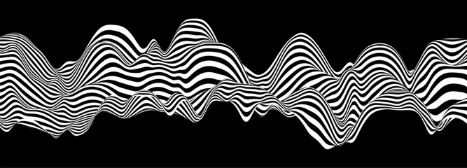 Abstract background with wave lines. Dynamic abstract vector design. 3D optical illusion- line art. Curved smooth shape on black background.