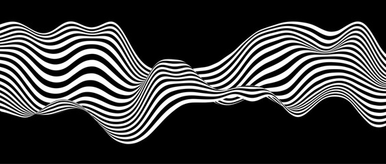 Abstract background with wave lines. Dynamic abstract vector design. 3D optical illusion- line art. Curved smooth shape on black background.