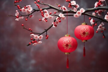 Red lanterns hanging from a cherry blossom branch create a festive atmosphere for lunar new year celebrations