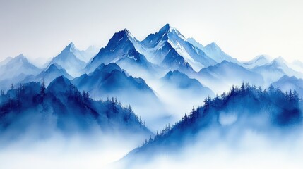Majestic mountain range shrouded in a mystical blue fog