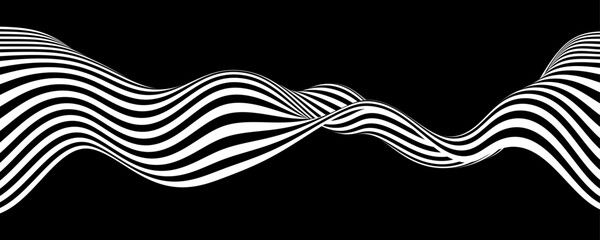 Abstract background with wave lines. Dynamic abstract vector design. 3D optical illusion- line art. Curved smooth shape on black background.