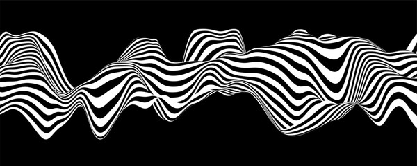 Abstract background with wave lines. Dynamic abstract vector design. 3D optical illusion- line art. Curved smooth shape on black background.