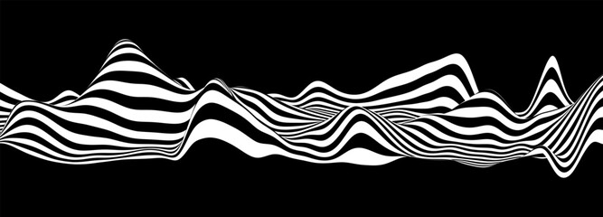 Abstract background with wave lines. Dynamic abstract vector design. 3D optical illusion- line art. Curved smooth shape on black background.