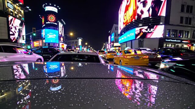 Vibrant neon lights and billboards illuminating times square at night, reflecting on wet car roof amid bustling urban traffic and energy of new york city