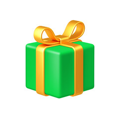 Green gift box with yellow ribbon isolated on white background. 3d render holiday decorations. Vector illustration. Design elements.