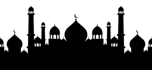 Silhouette of an Islamic skyline with domes and minarets. Vector illustration.