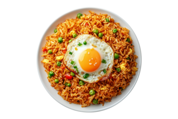 Spicy fried rice Nasi Goreng garnished with fresh green onions and topped with fried egg in bowl, isolated on white transparent backdrop