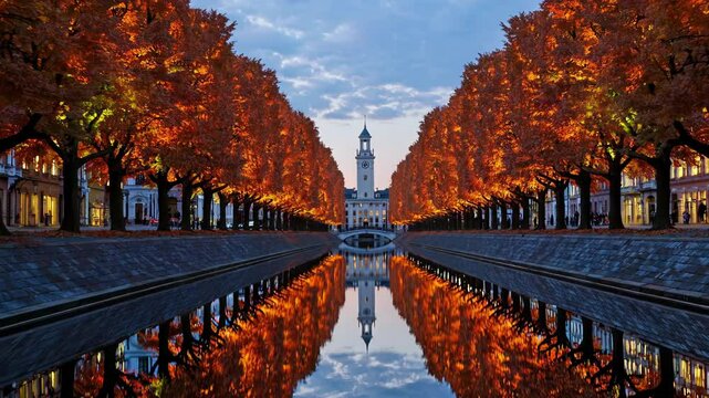 Warm toned lights illuminate autumn trees lining a canal in wolfsburg, germany, creating a picturesque reflection at dusk with the city's architecture in the background
