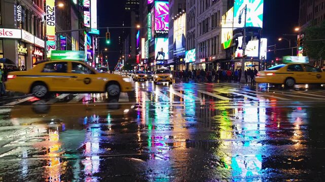 Yellow cabs are driving on a wet times square street at night, reflecting the colorful lights of billboards and advertisements, while pedestrians walk on sidewalks