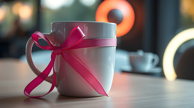 White mug with pink ribbon celebrating special occasion