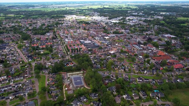 An panoramic Aerial view of the old town of the city Drachten in the Netherlands on a cloudy morning in summer
