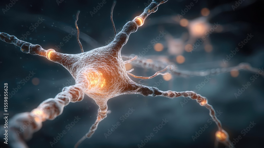 Poster biological logic from brain-inspired neuron activation concept. close-up illustration of a neuron wi