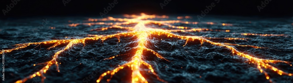 Poster biological logic from brain-inspired neuron activation concept. lava flowing and illuminating dark v