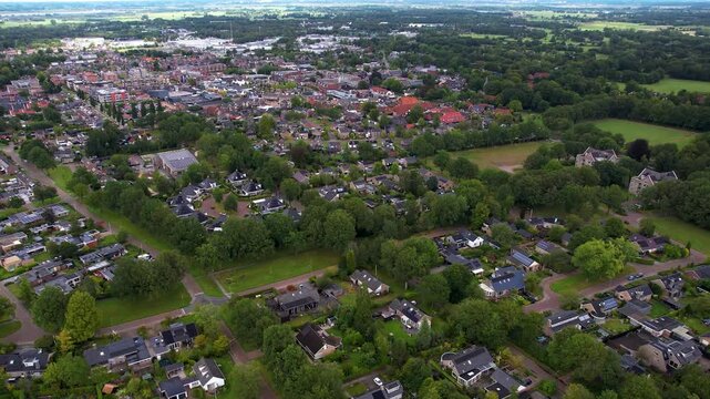 An panoramic Aerial view of the old town of the city Drachten in the Netherlands on a cloudy morning in summer