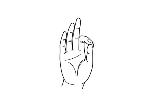 Buddha hand drawing. It is a black and white outline image of a Buddha hand, depicting a mudra, a symbolic or ritualistic gesture in Buddhism. Vector sketch line art draw.