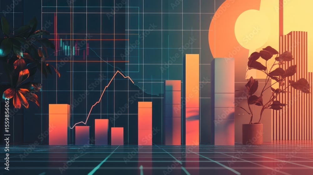 Poster stylized financial data representation with bar graphs and line charts in warm light