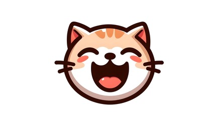 Fototapeta premium Laughing cartoon cat icon in flat chibi style with big eyes and round head shown on clean white background for playful animal theme