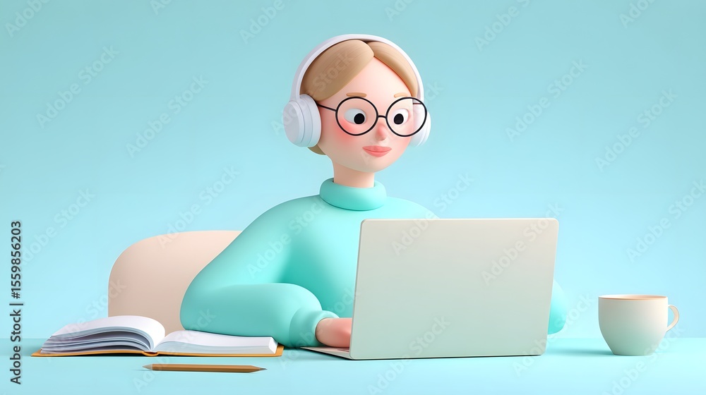 Poster student using laptop computer at desk while studying