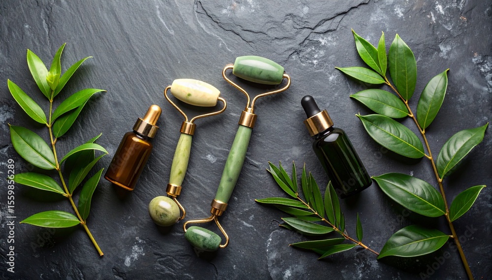 Aufkleber stylish set of hair tools displayed in a dynamic flat lay on a textured slate background