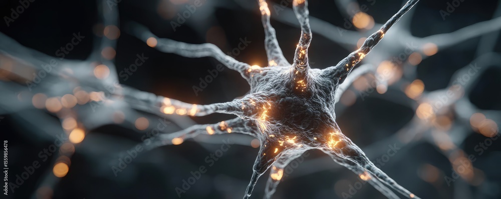 Poster biological logic from brain-inspired neuron activation concept. close-up view of a glowing neuron wi
