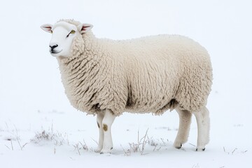 Fluffy sheep in snowy field