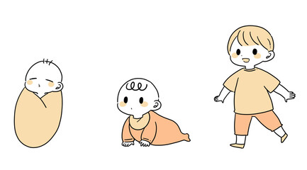 Simple line illustration of infant growth from birth to toddlerhood